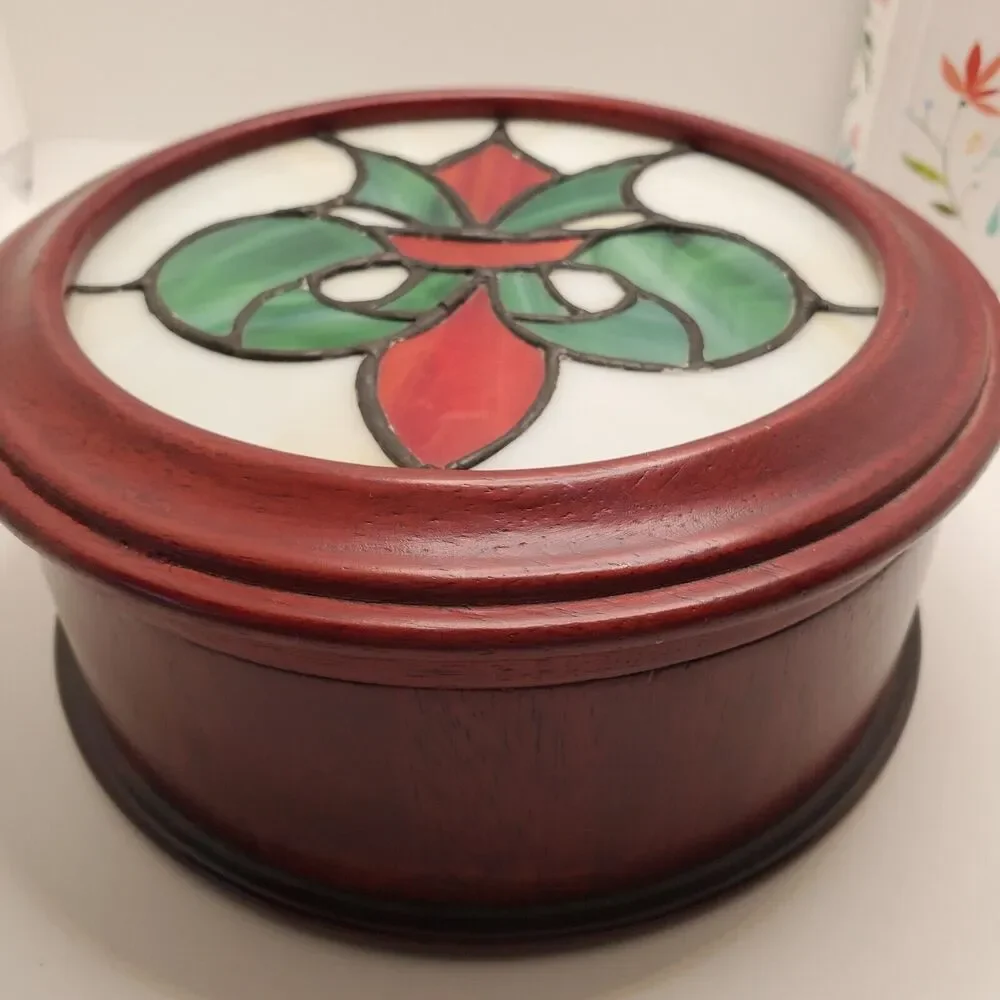 Vintage Clarity Round Cherry Stained Stained Glass Trinket Jewerly Box 7.5 Inch